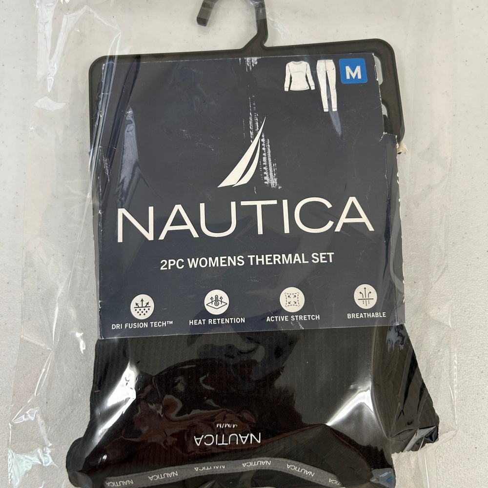 Nautica Womens 2PC Thermal Set Black Waffle Knit Base Layer Dri Fusion Tech M